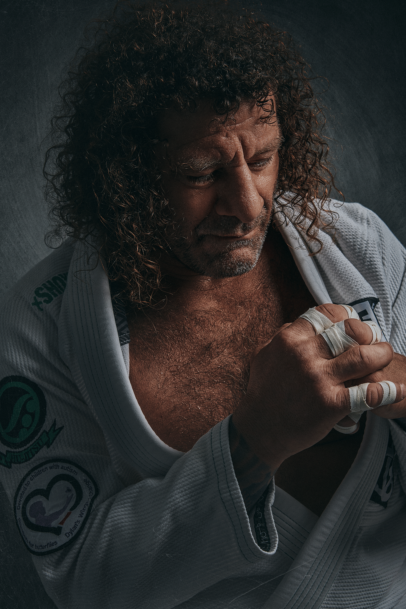 pensive portrait of professional male athlete kurt osiander with wrapped fingers taken in Cowra NSW